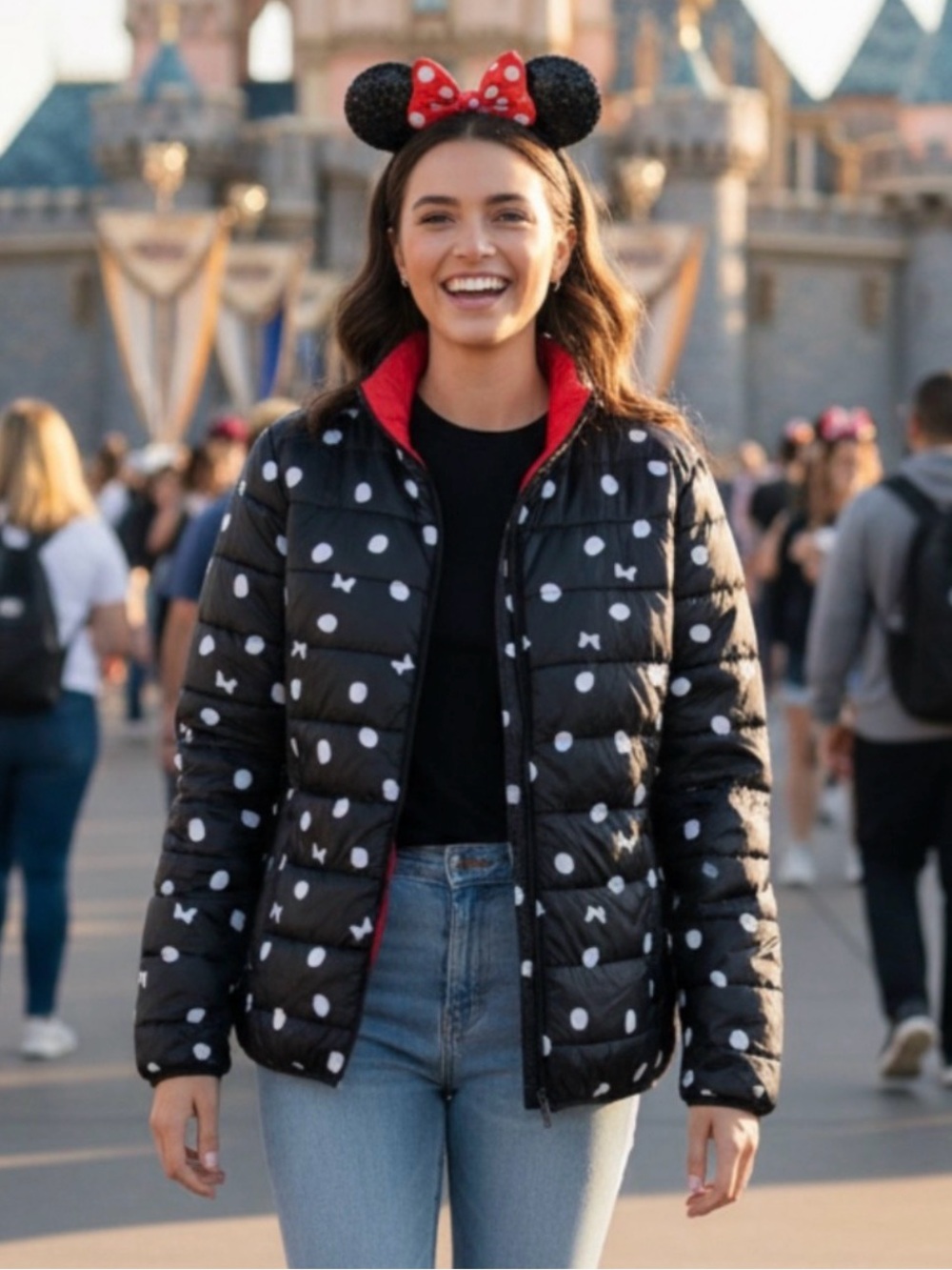 Minnie Mouse NWOT Size XXL. Black Polka Dot Puffer Jacket with Red Lining